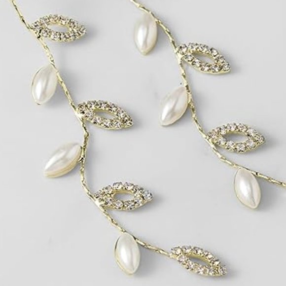Vine Leaves Rhinestone Pave Crystal Pearl Gold Leaf Earrings Bridal Long Bride - Picture 4 of 6
